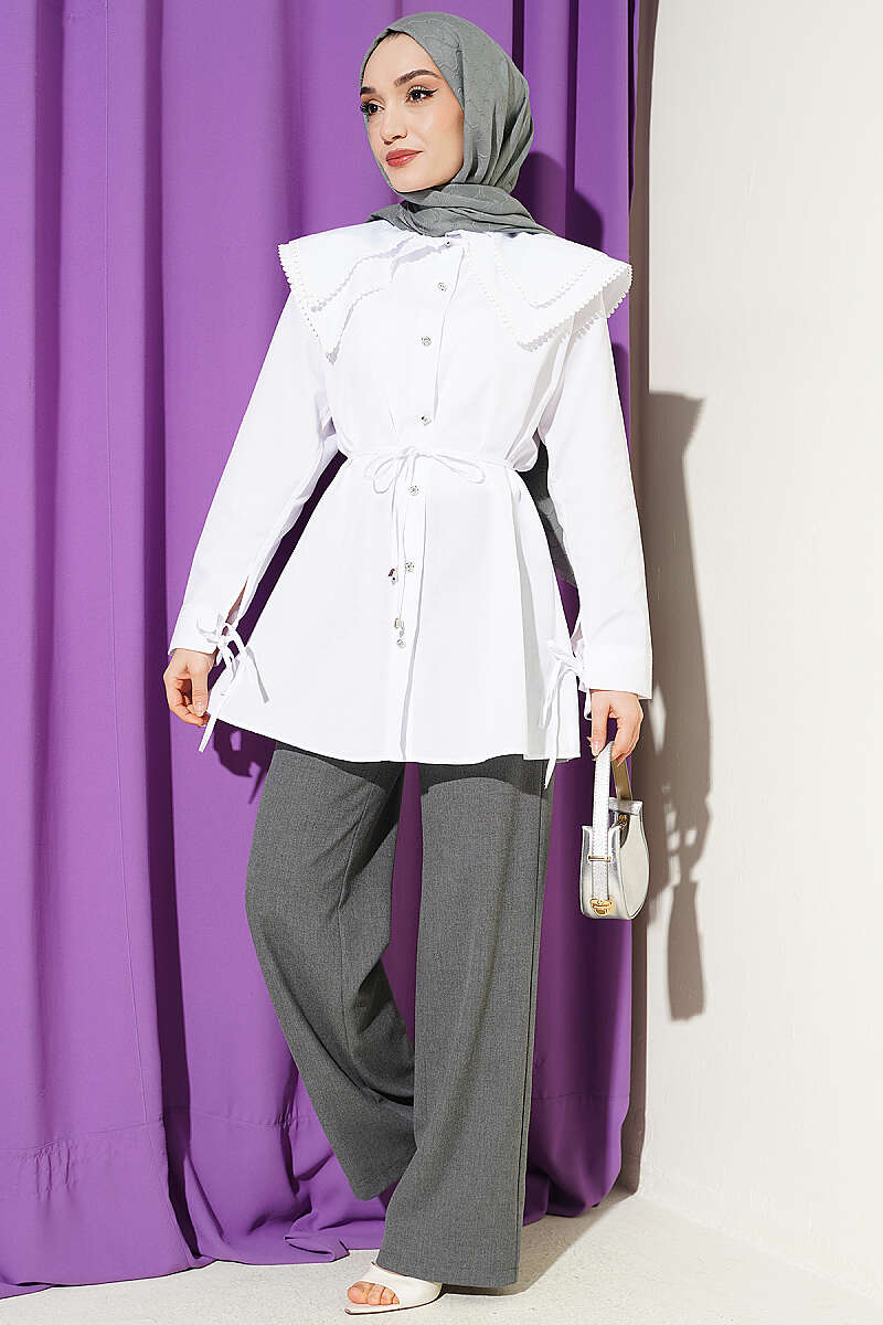 Double Sailor-Collar Shirt with Stone Buttons - White