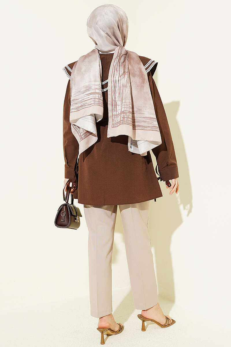 Double Sailor-Collar Shirt with Stone Buttons - Brown