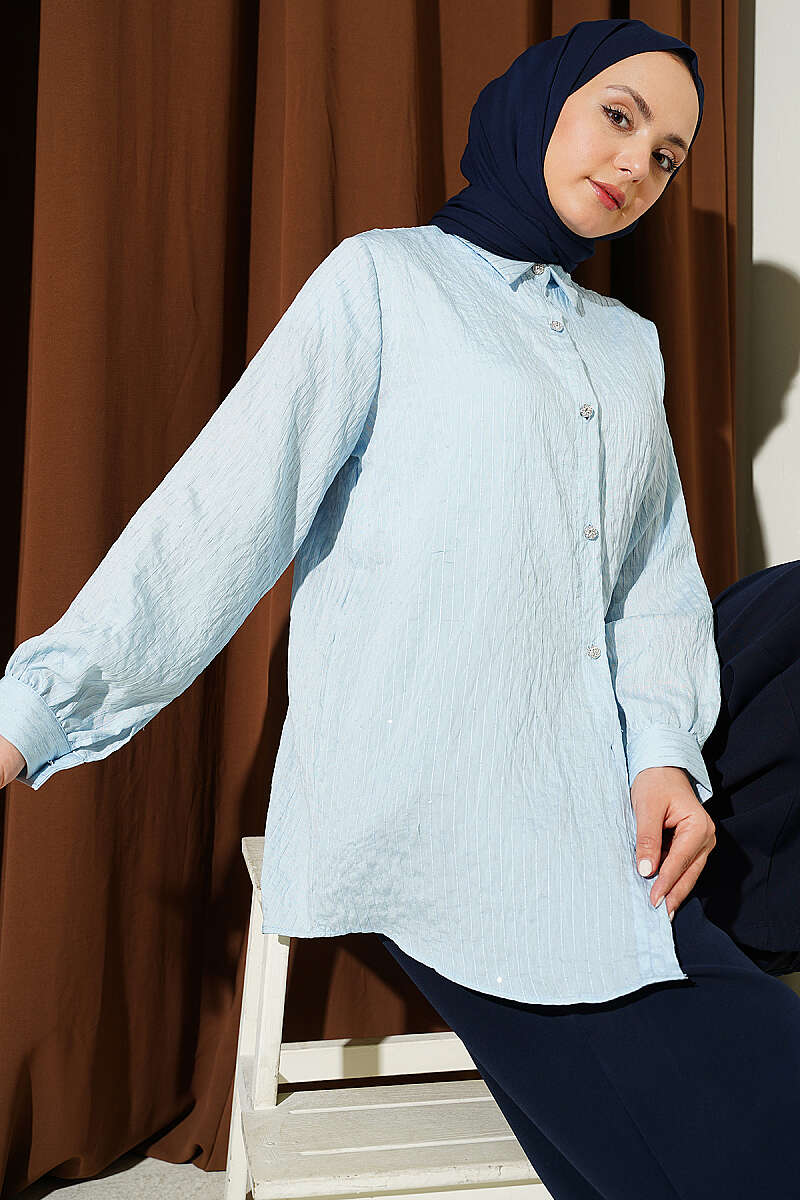 Sequin Shirt with Jewelled Buttons and Topstitching - Ice Blue