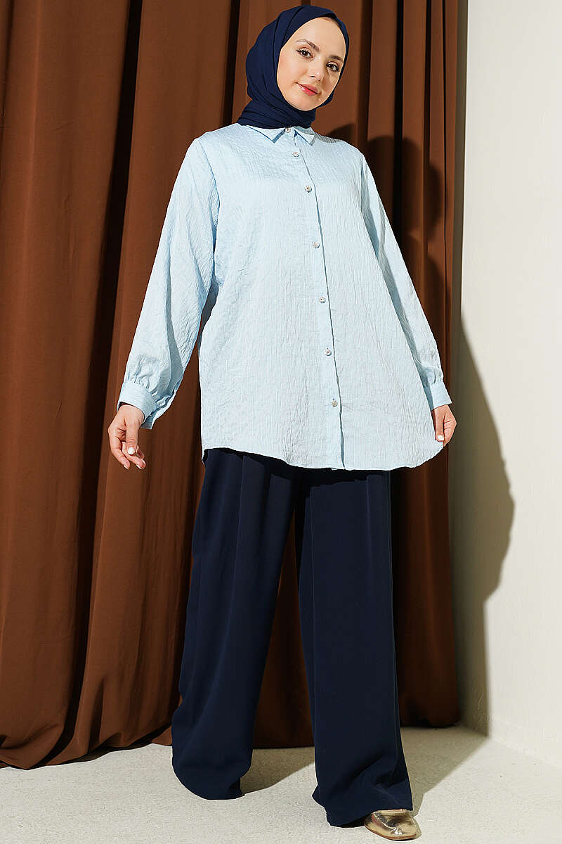 Sequin Shirt with Jewelled Buttons and Topstitching - Ice Blue