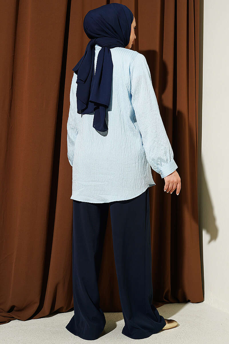 Sequin Shirt with Jewelled Buttons and Topstitching - Ice Blue