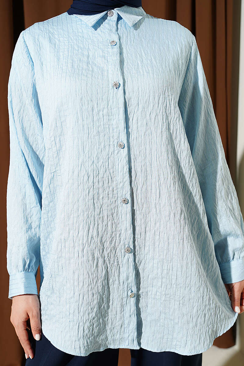 Sequin Shirt with Jewelled Buttons and Topstitching - Ice Blue