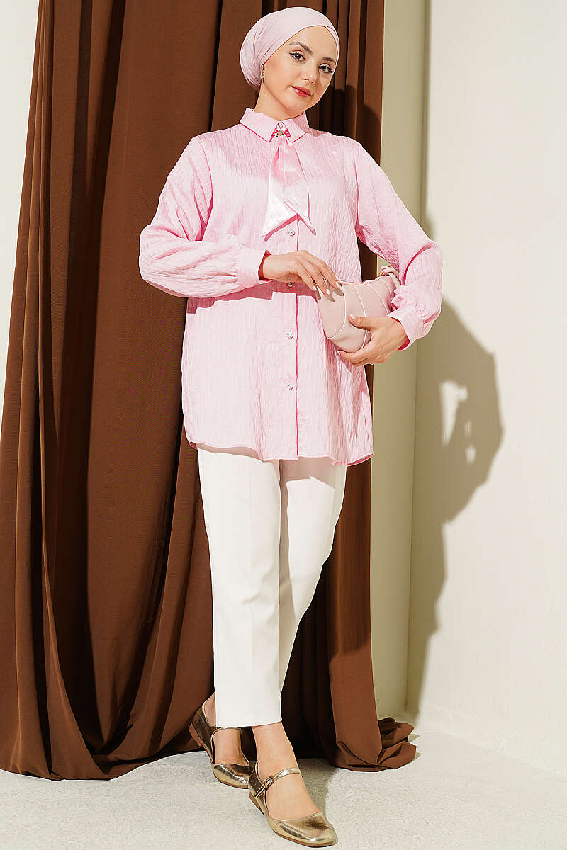 Sequin Shirt with Jewelled Buttons and Topstitching - Pink