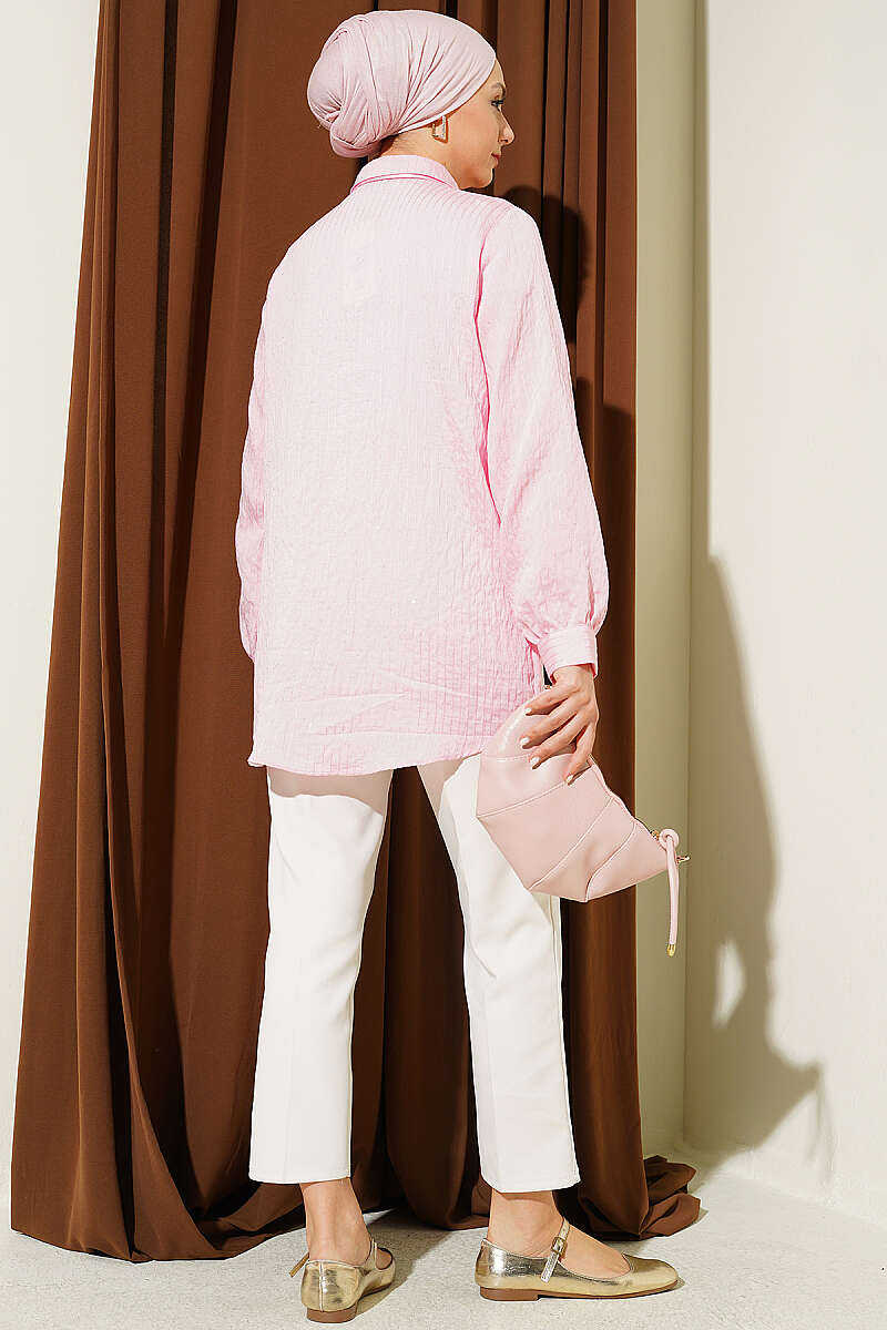 Sequin Shirt with Jewelled Buttons and Topstitching - Pink