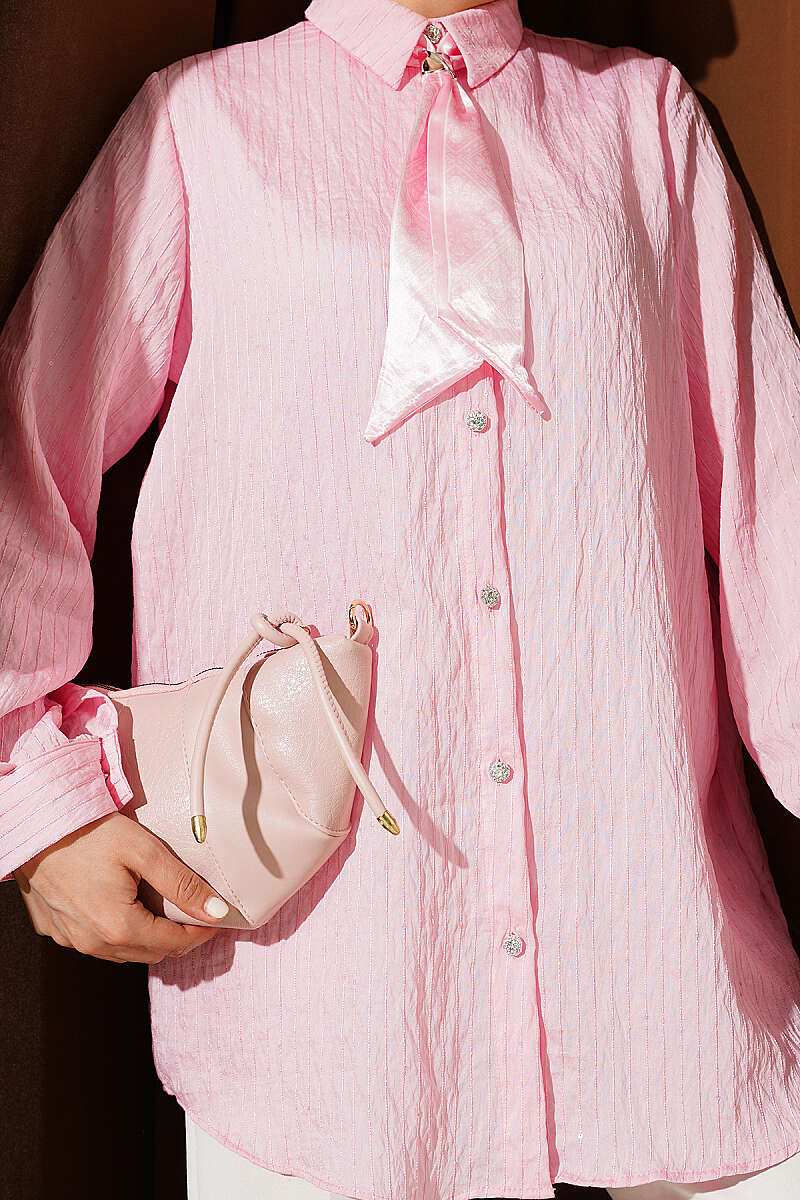 Sequin Shirt with Jewelled Buttons and Topstitching - Pink