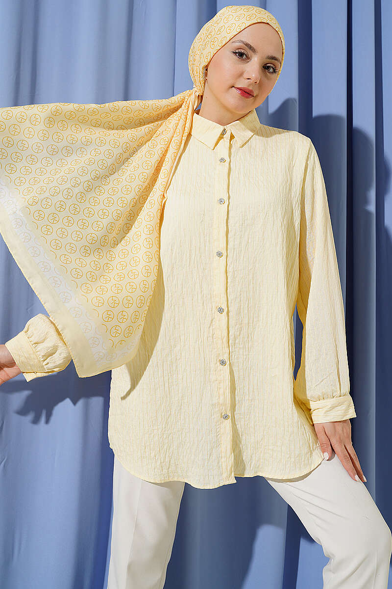 Sequin Shirt with Jewelled Buttons and Topstitching - Yellow