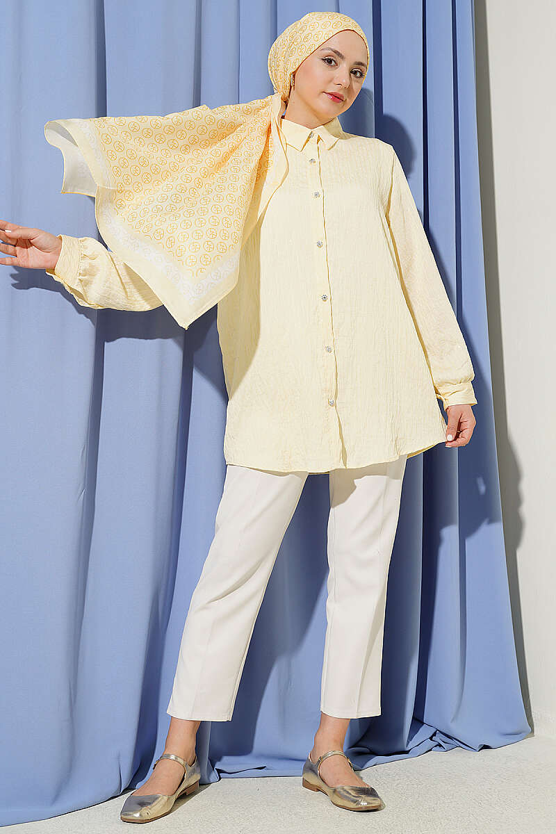 Sequin Shirt with Jewelled Buttons and Topstitching - Yellow