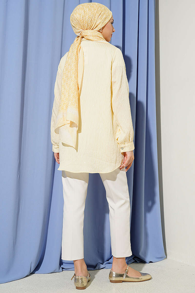 Sequin Shirt with Jewelled Buttons and Topstitching - Yellow