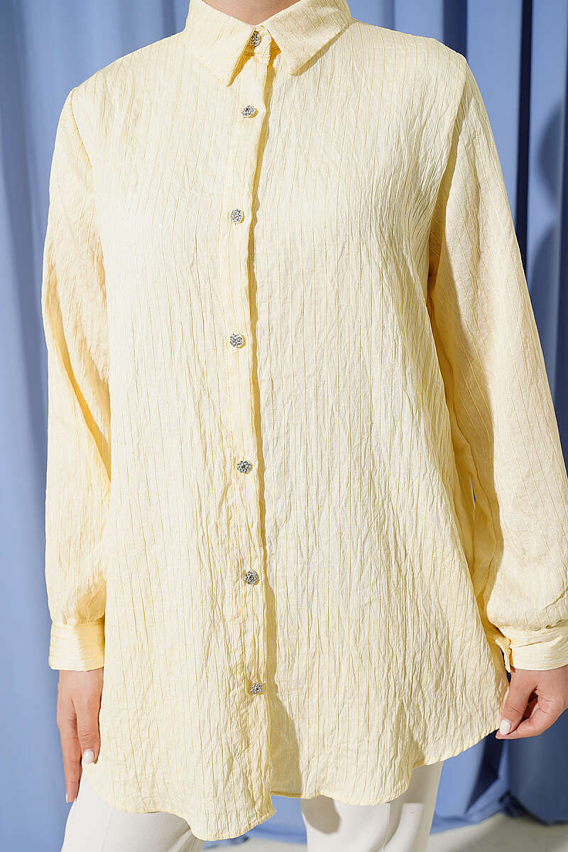 Sequin Shirt with Jewelled Buttons and Topstitching - Yellow