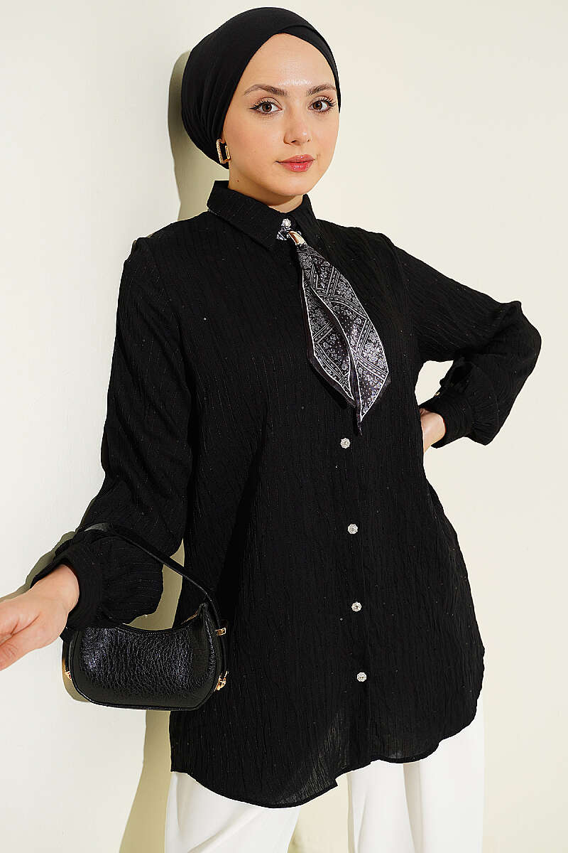 Sequin Shirt with Jewelled Buttons and Topstitching - Black