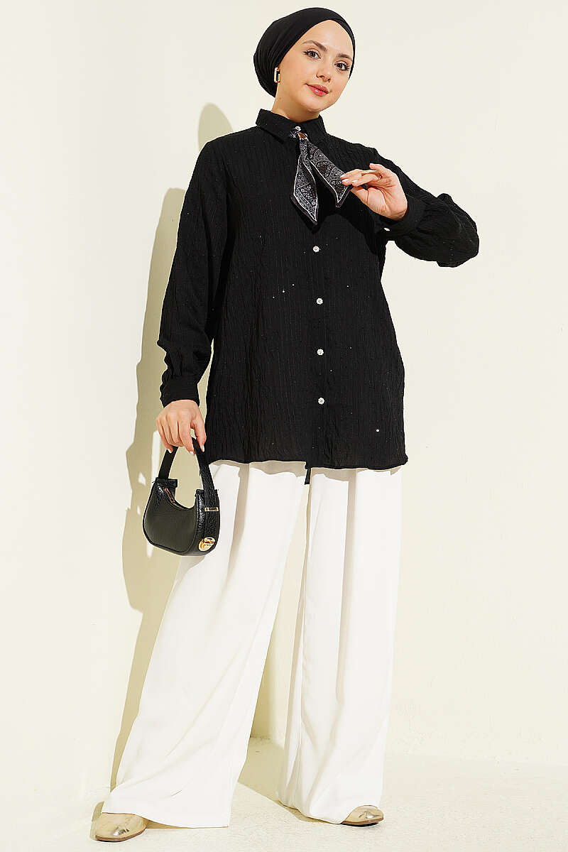 Sequin Shirt with Jewelled Buttons and Topstitching - Black