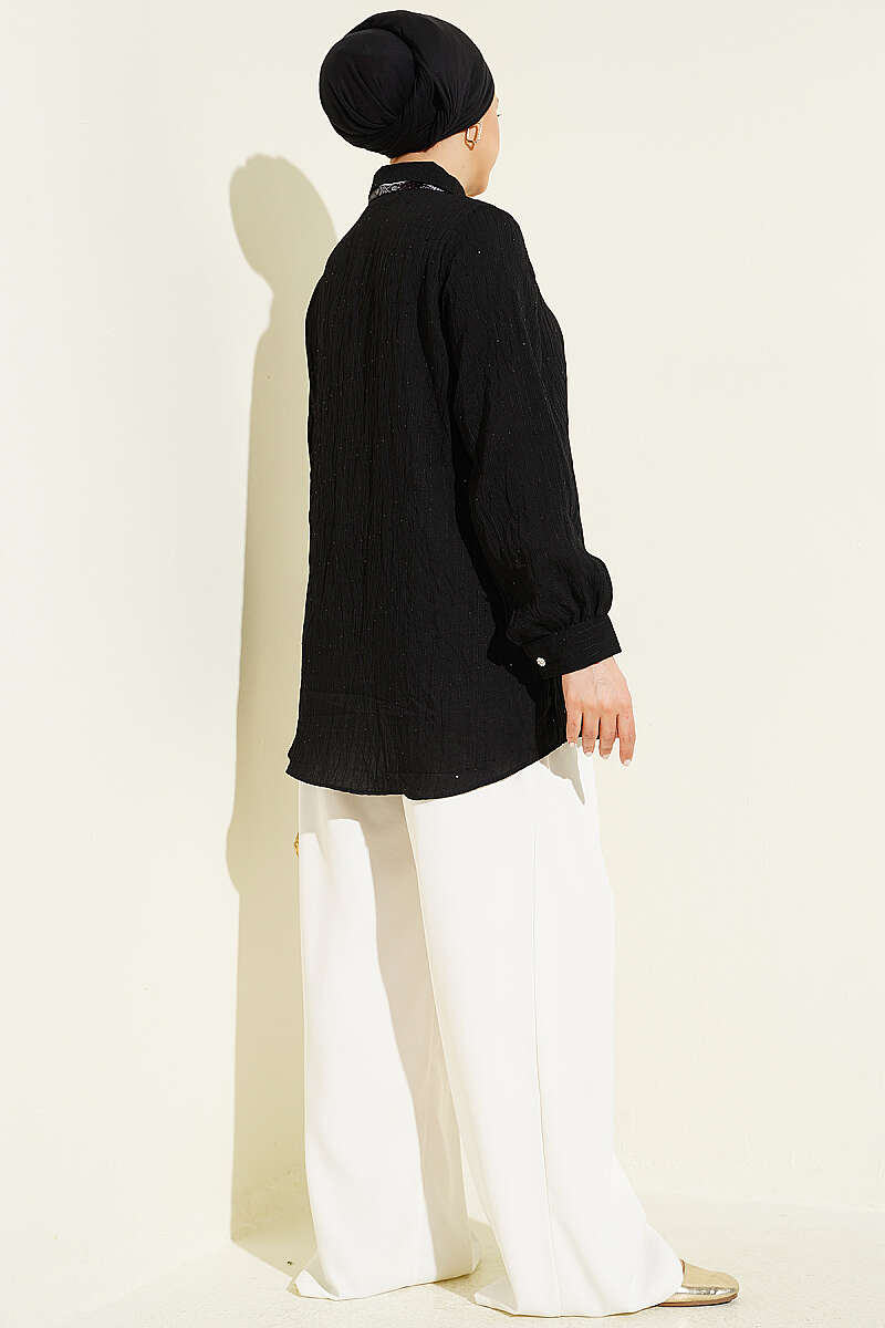 Sequin Shirt with Jewelled Buttons and Topstitching - Black