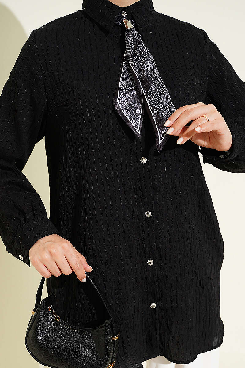 Sequin Shirt with Jewelled Buttons and Topstitching - Black