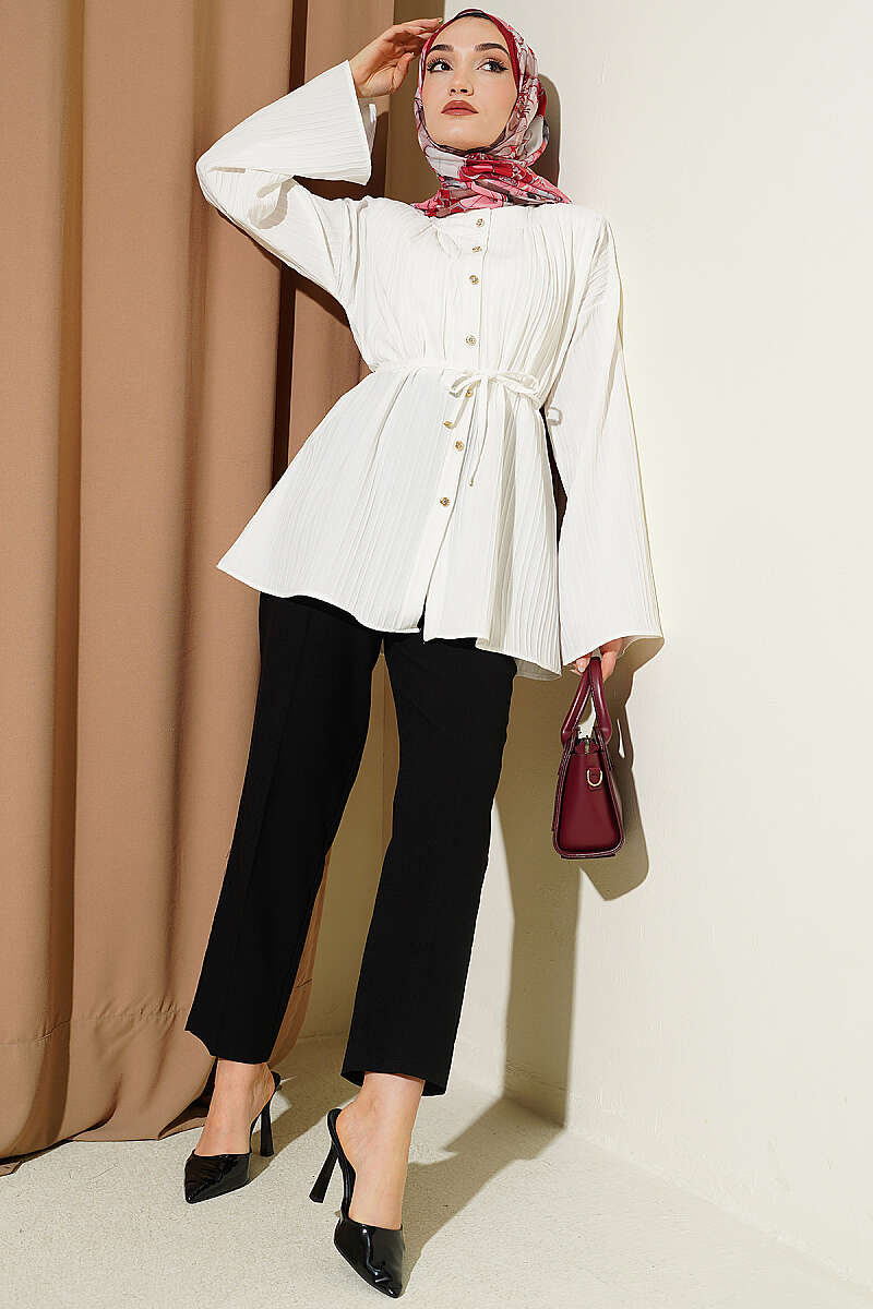 Textured-Stripe Shirt with Stone Buttons - Ecru