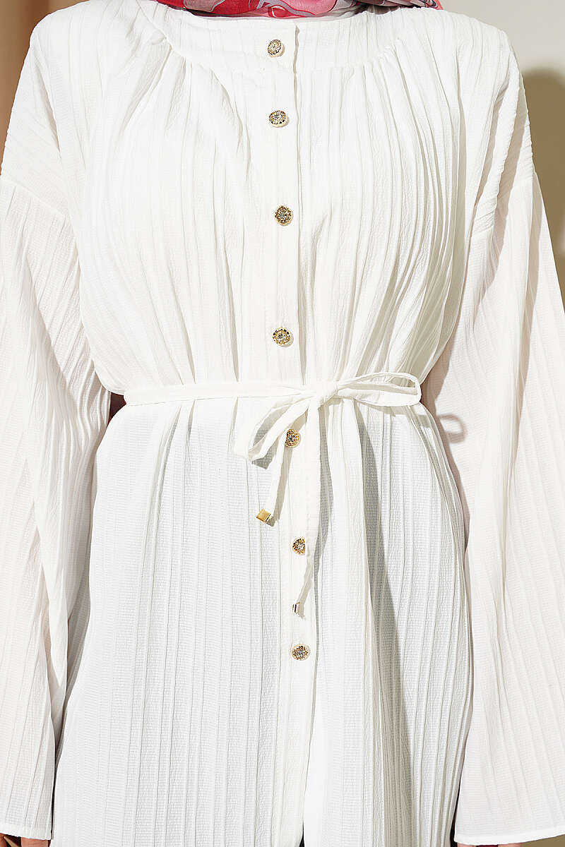 Textured-Stripe Shirt with Stone Buttons - Ecru