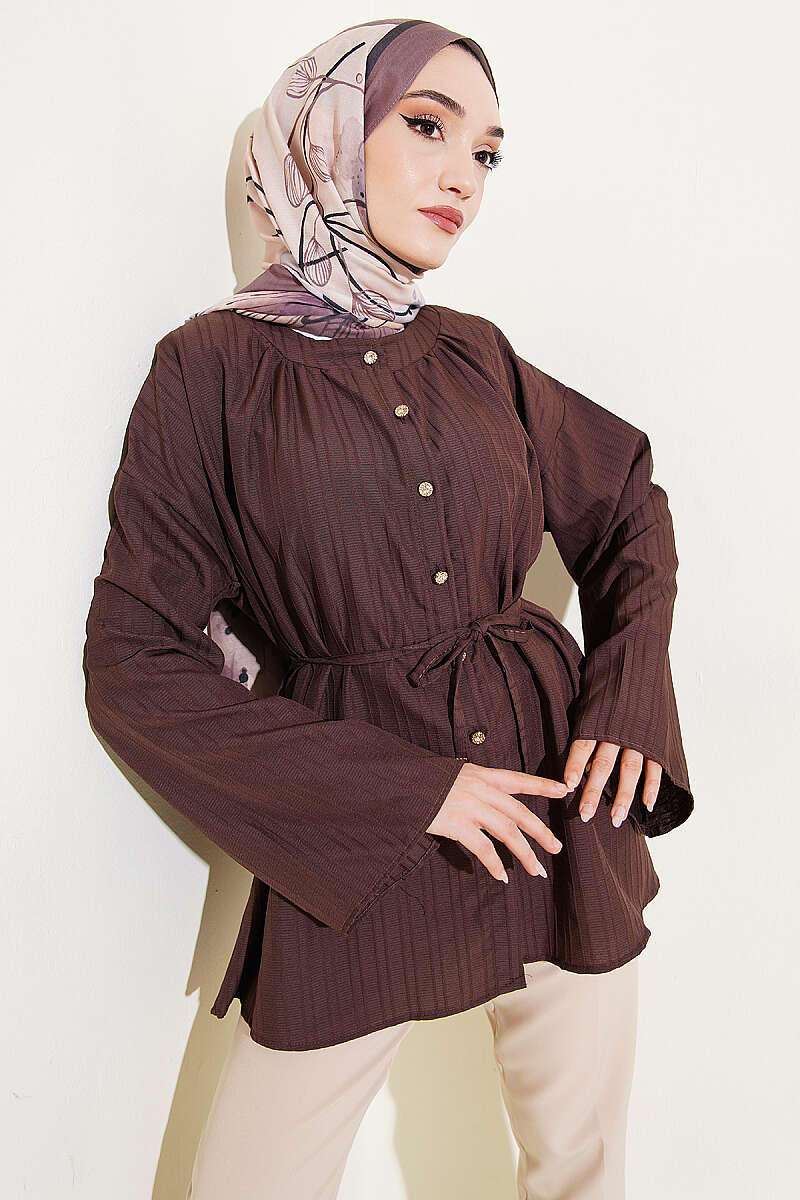 Textured-Stripe Shirt with Stone Buttons - Brown