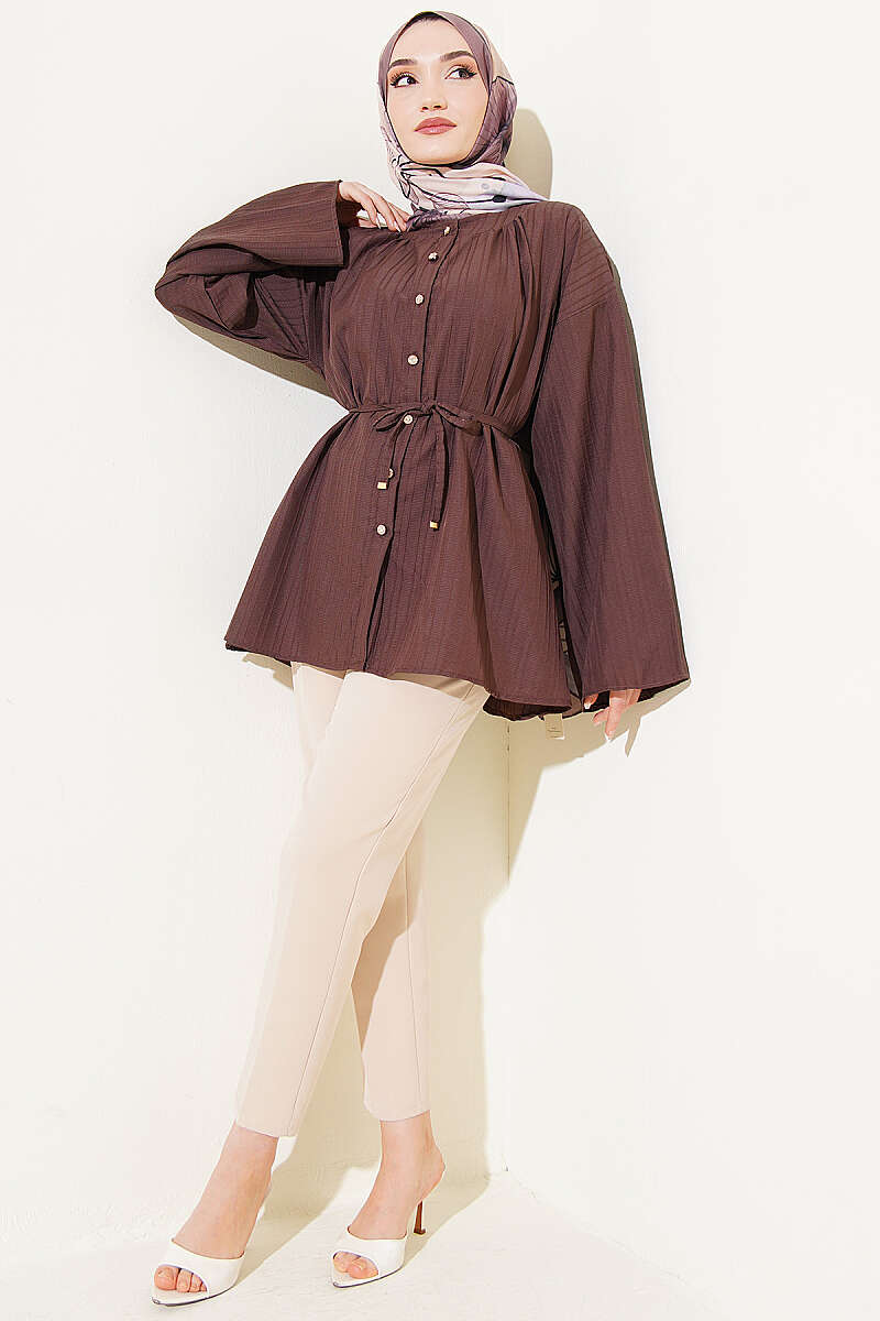 Textured-Stripe Shirt with Stone Buttons - Brown