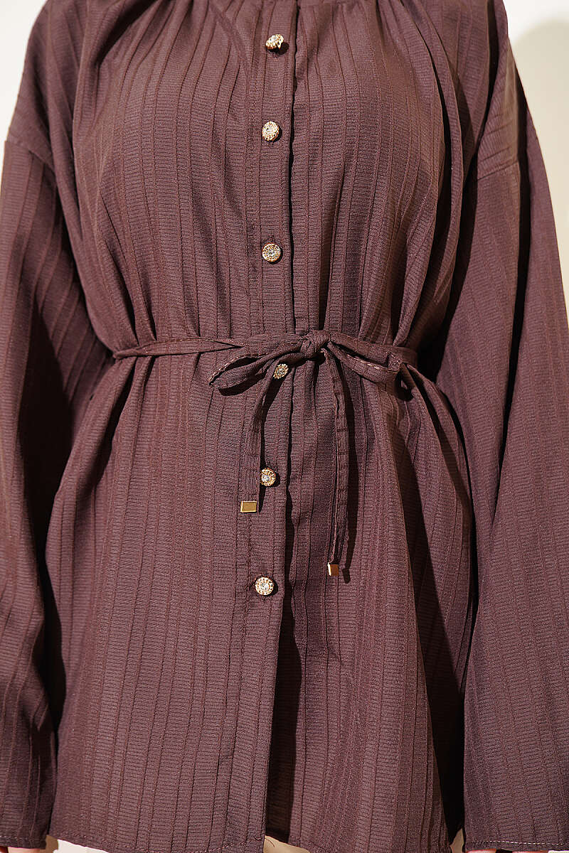 Textured-Stripe Shirt with Stone Buttons - Brown