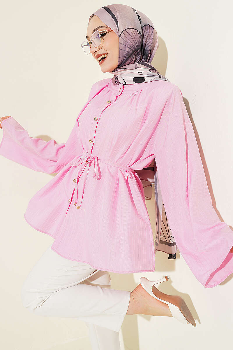 Textured-Stripe Shirt with Stone Buttons - Pink
