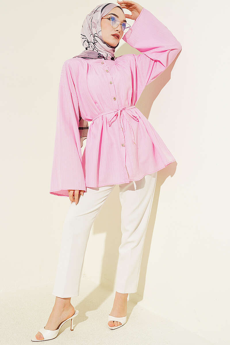 Textured-Stripe Shirt with Stone Buttons - Pink