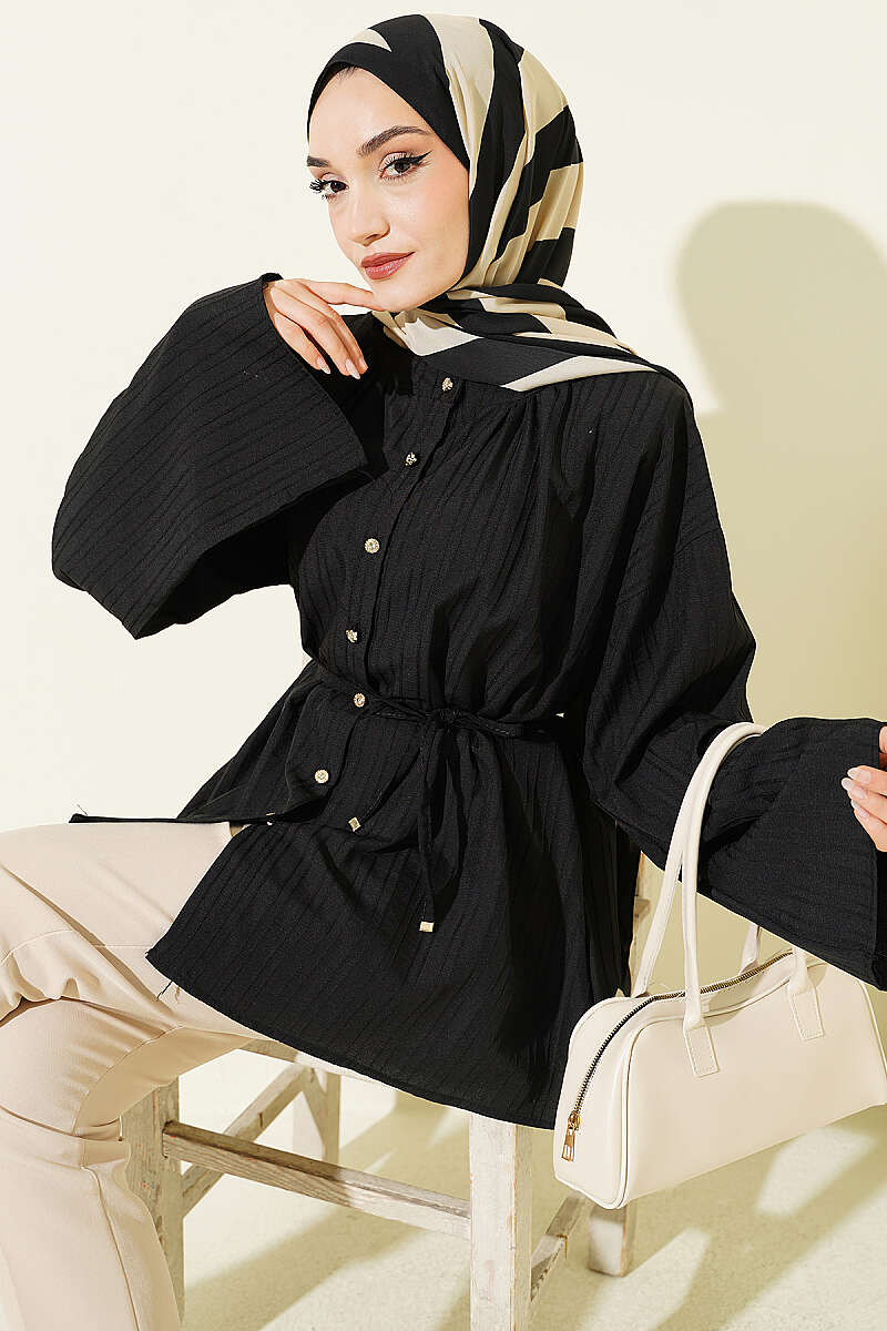 Textured-Stripe Shirt with Stone Buttons - Black