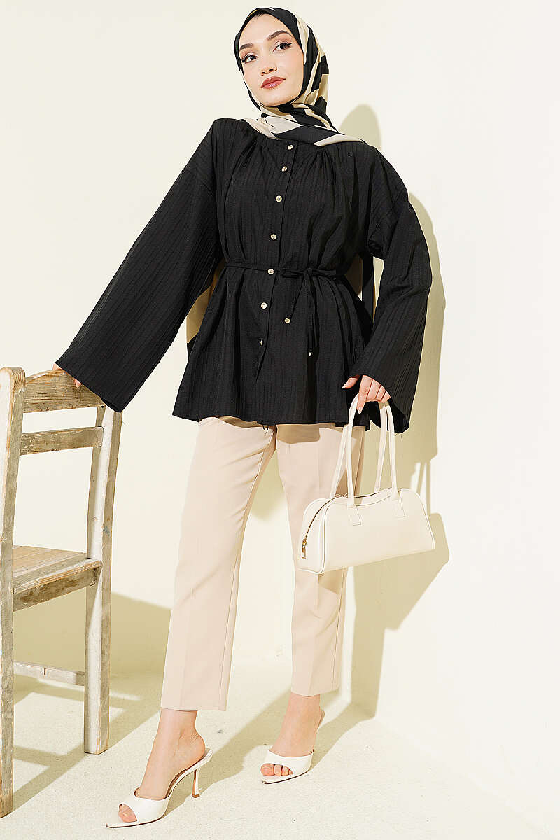 Textured-Stripe Shirt with Stone Buttons - Black