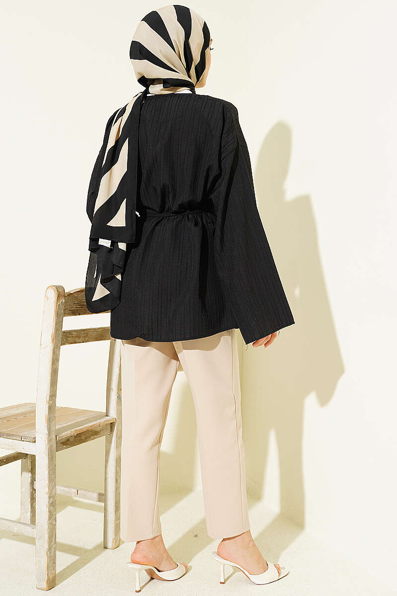 Textured-Stripe Shirt with Stone Buttons - Black