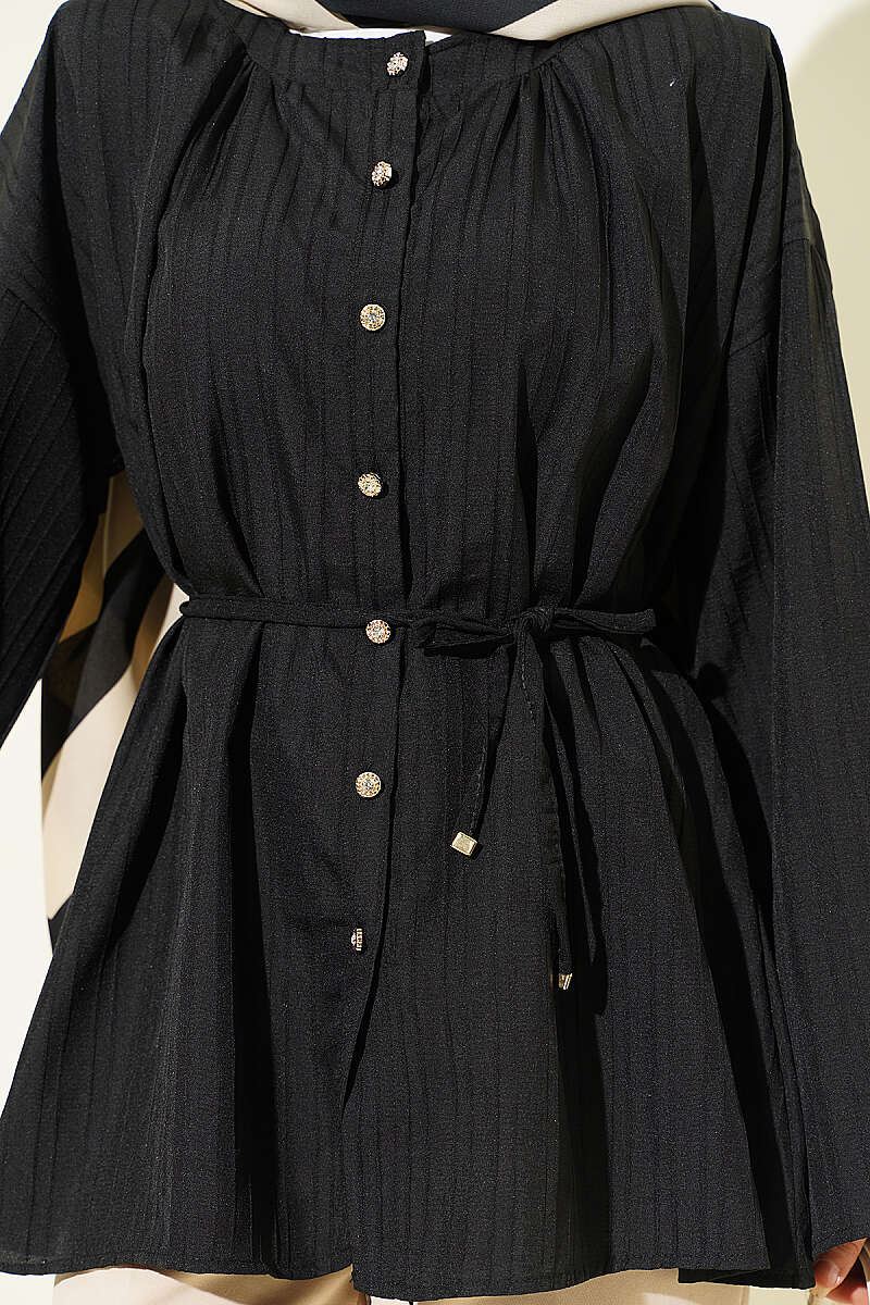 Textured-Stripe Shirt with Stone Buttons - Black