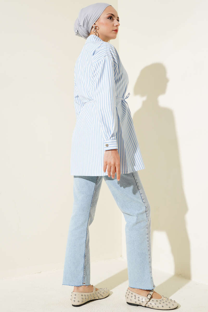 Striped Shirt with Stone Buttons and Tie Belt - Ice Blue