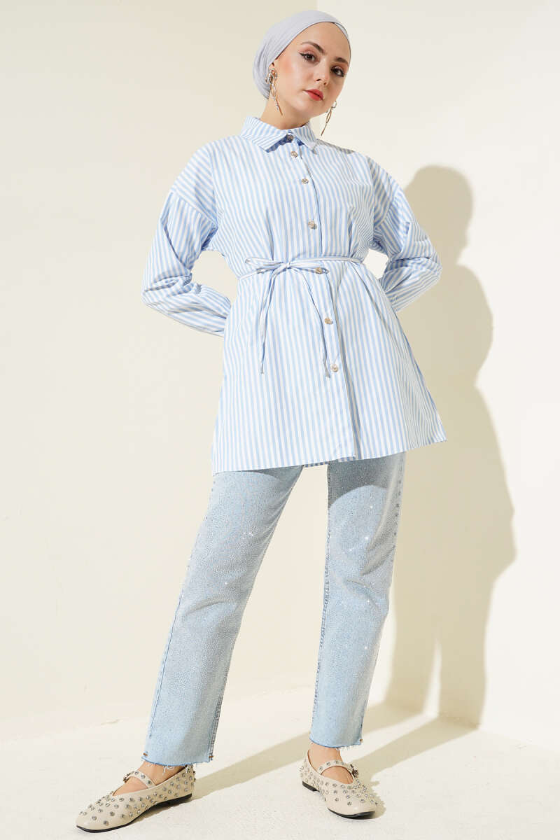 Striped Shirt with Stone Buttons and Tie Belt - Ice Blue