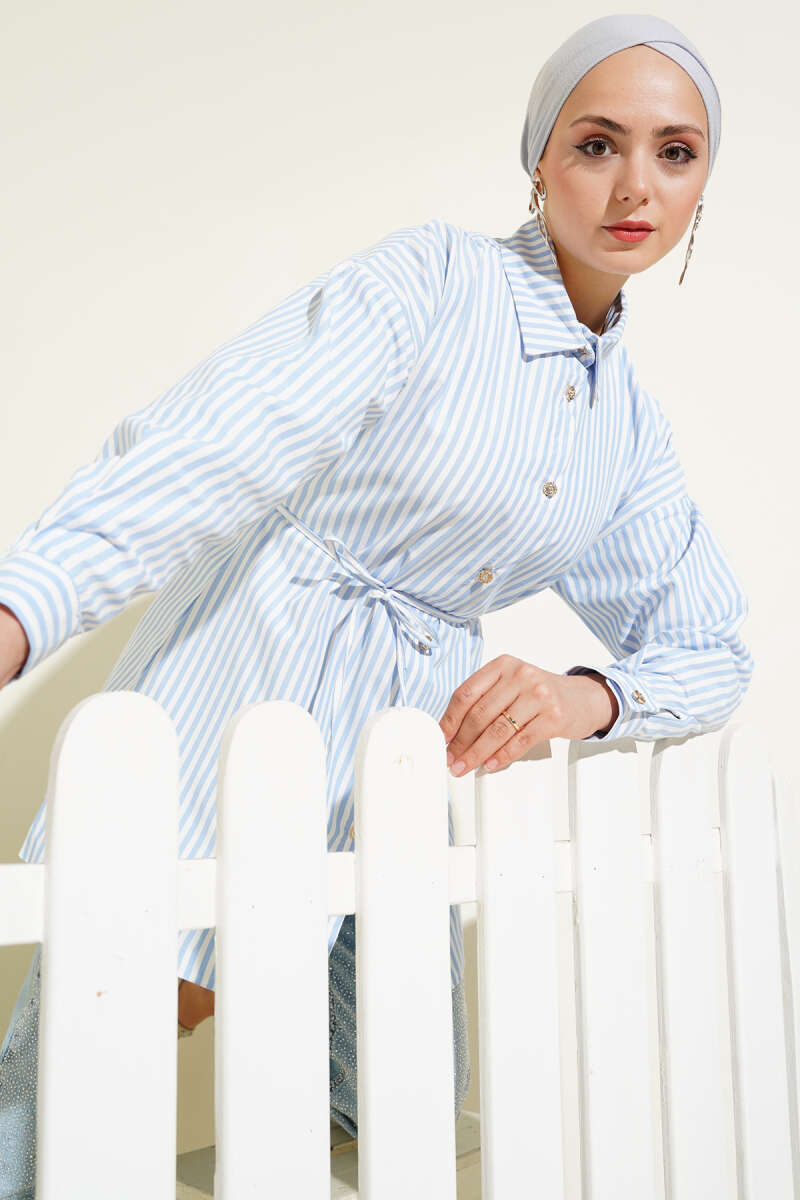 Striped Shirt with Stone Buttons and Tie Belt - Ice Blue