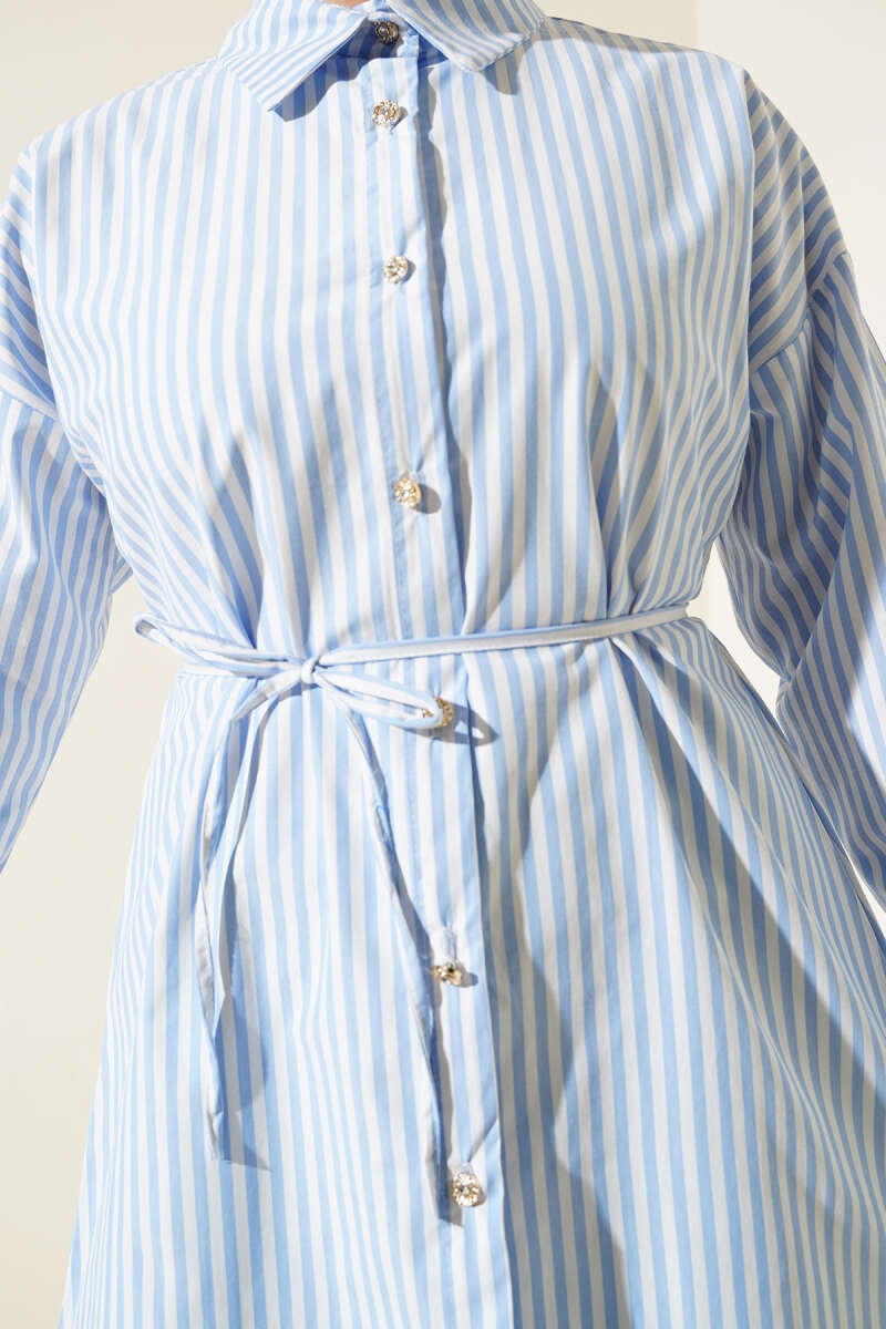 Striped Shirt with Stone Buttons and Tie Belt - Ice Blue