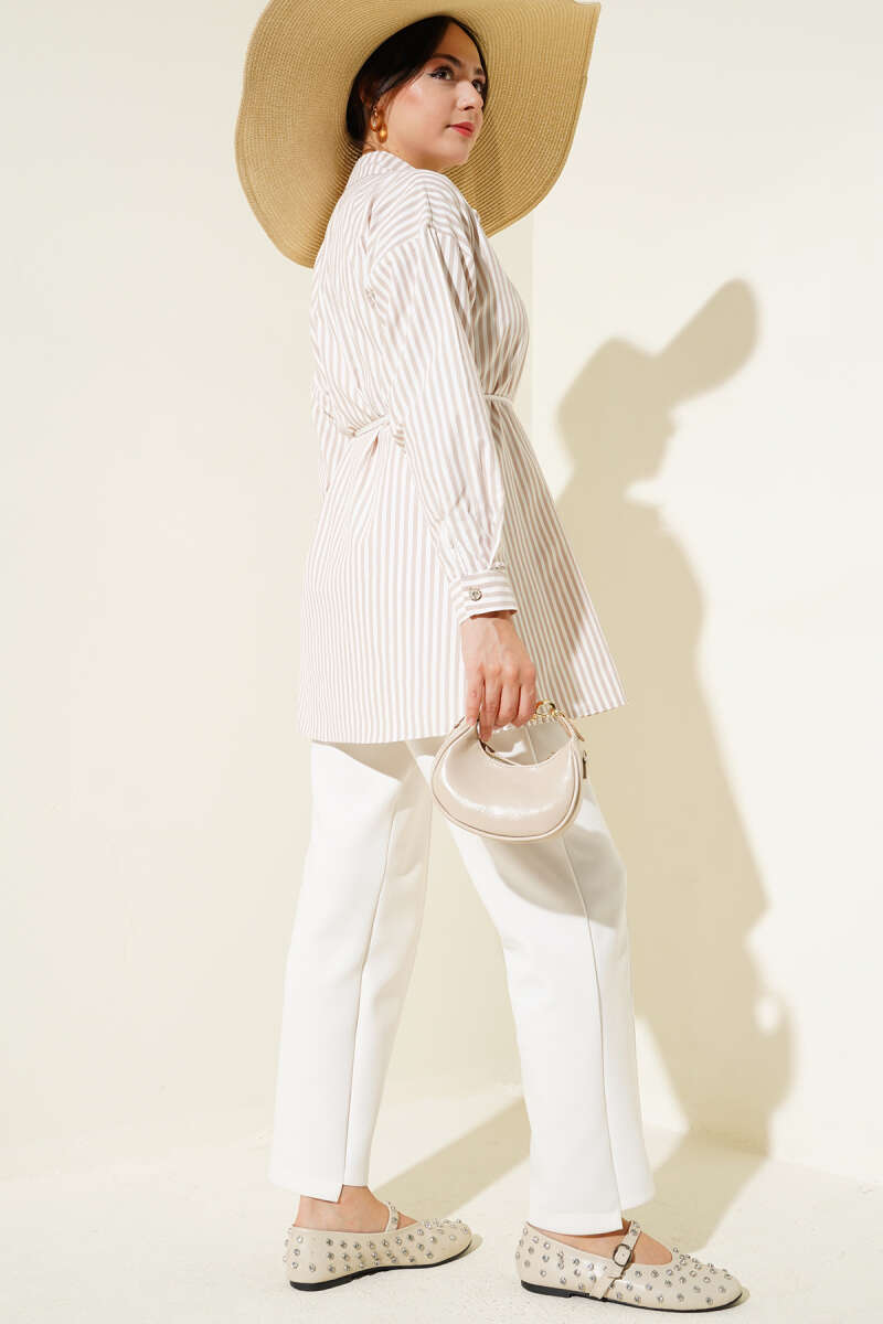 Striped Shirt with Stone Buttons and Tie Belt - Latte