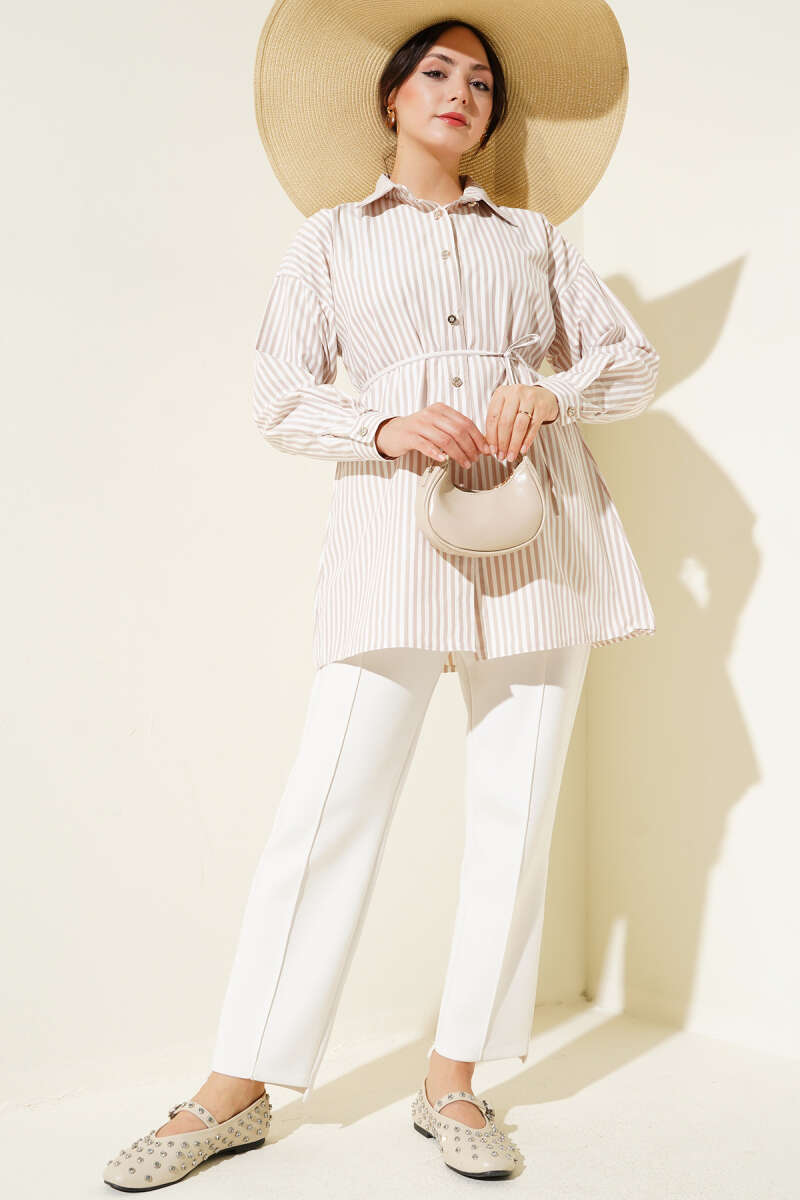 Striped Shirt with Stone Buttons and Tie Belt - Latte