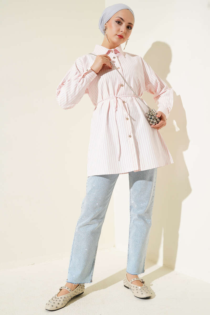 Striped Shirt with Stone Buttons and Tie Belt - Pink