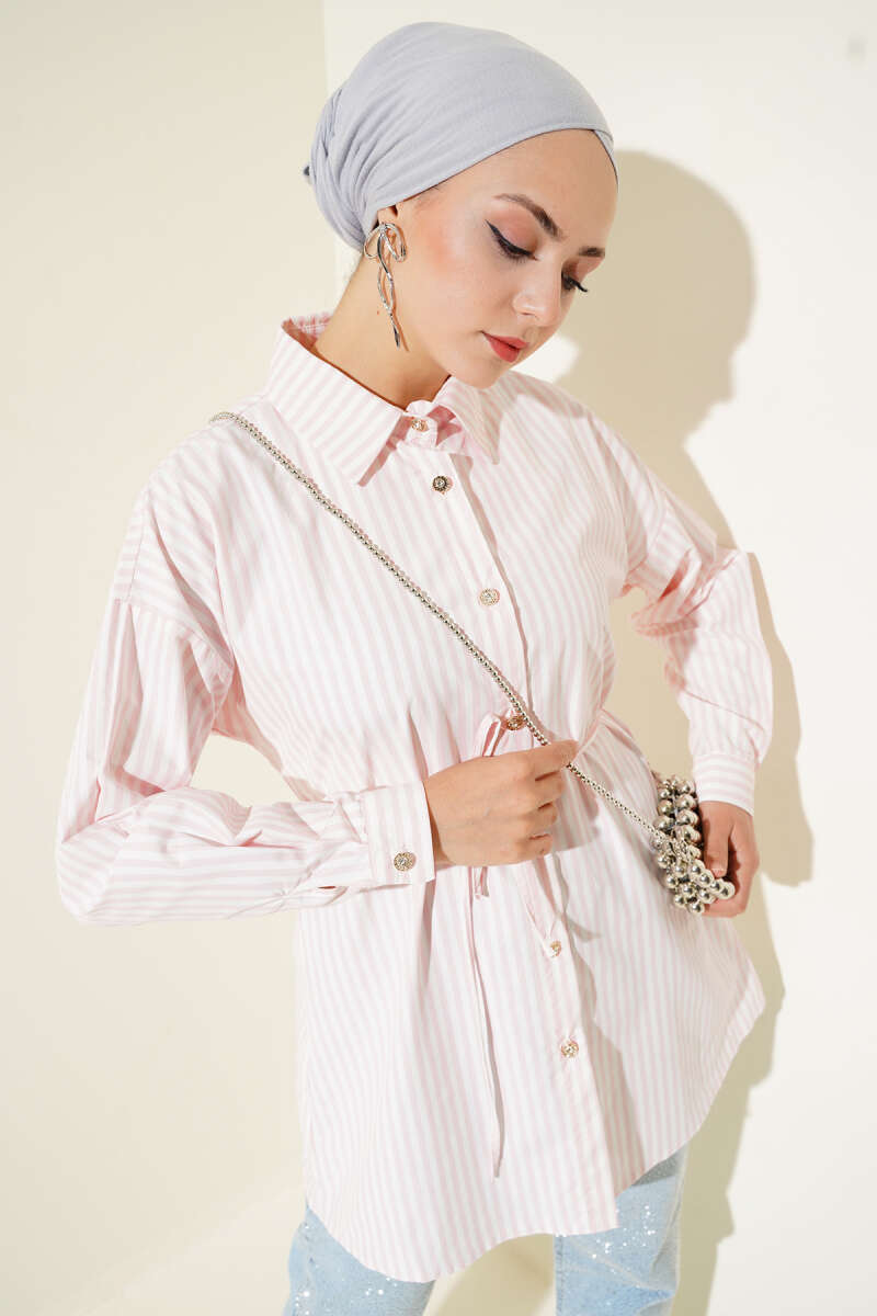 Striped Shirt with Stone Buttons and Tie Belt - Pink