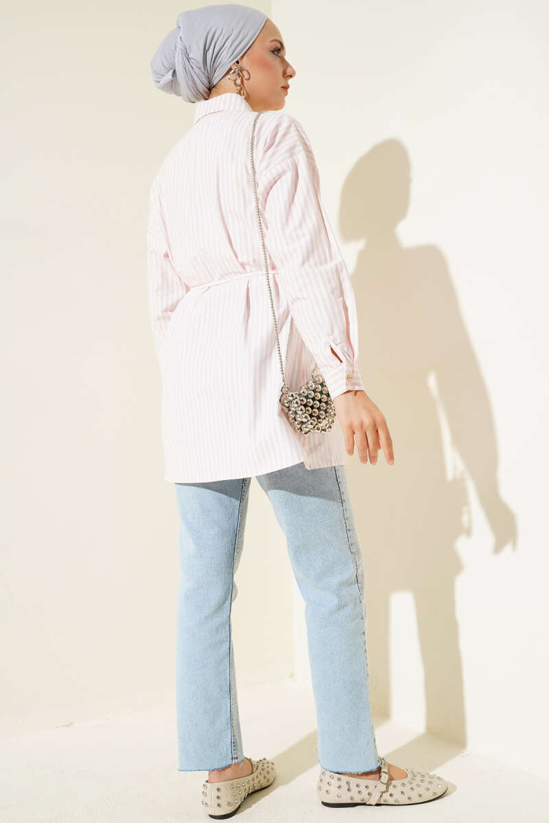 Striped Shirt with Stone Buttons and Tie Belt - Pink