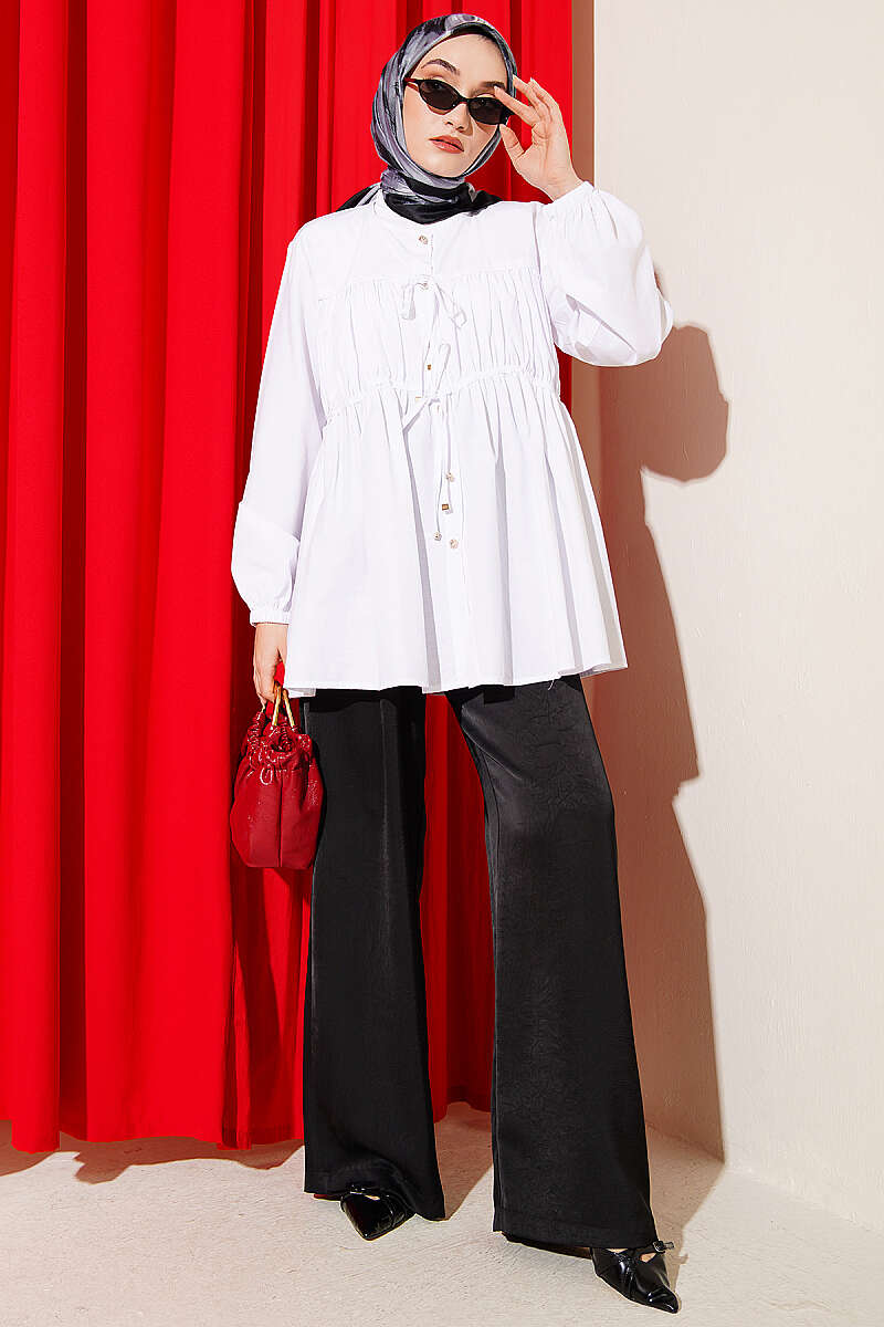 Tie Shirt with Stone Buttons - White