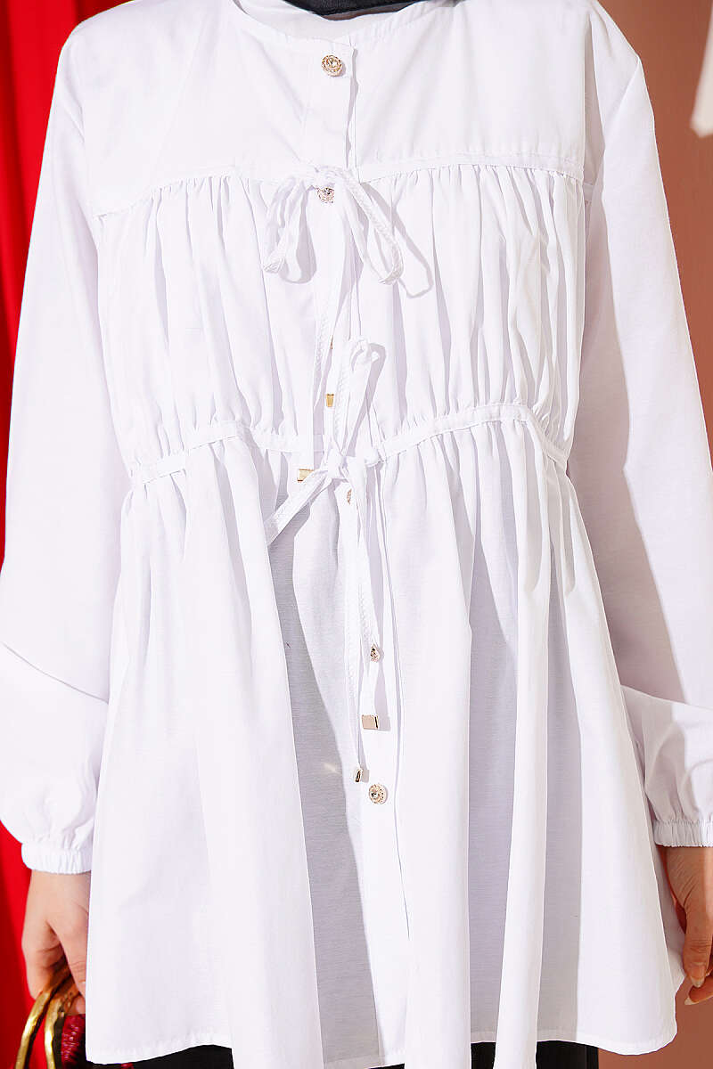 Tie Shirt with Stone Buttons - White