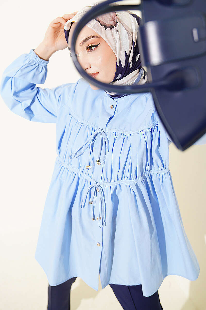 Tie Shirt with Stone Buttons - Blue