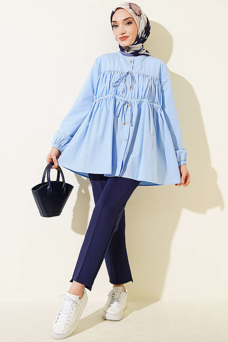Tie Shirt with Stone Buttons - Blue