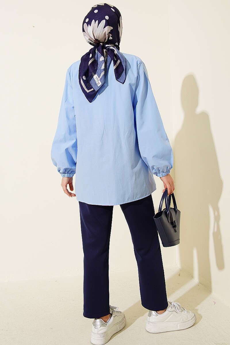 Tie Shirt with Stone Buttons - Blue