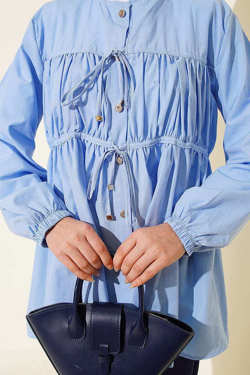 Tie Shirt with Stone Buttons - Blue