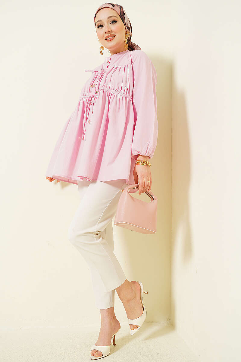 Tie Shirt with Stone Buttons - Pink