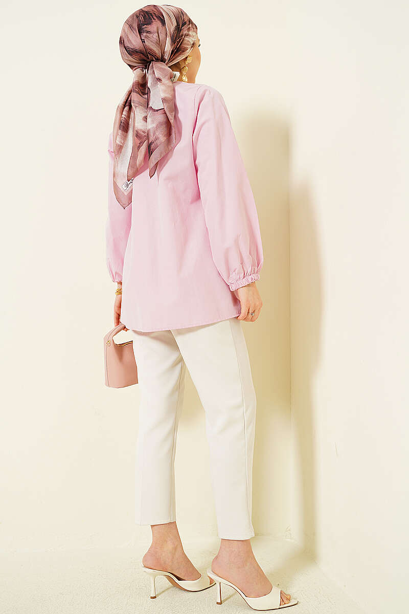 Tie Shirt with Stone Buttons - Pink