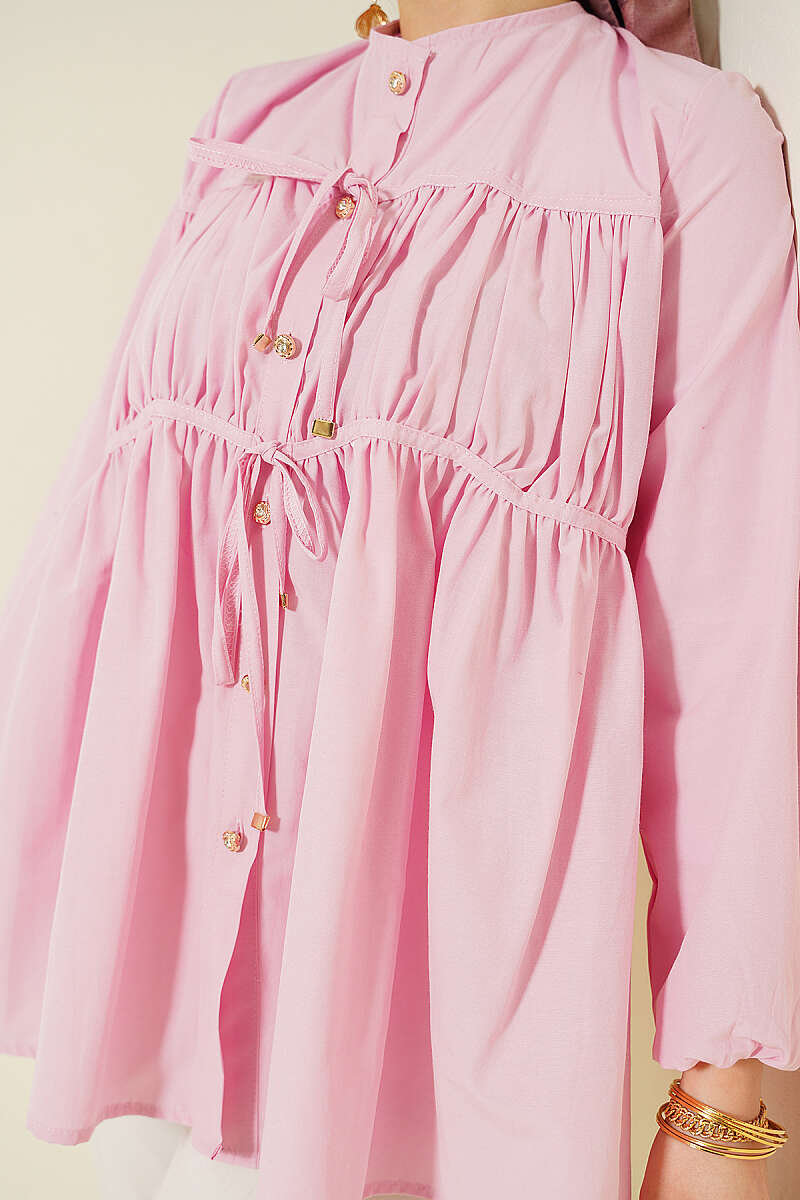 Tie Shirt with Stone Buttons - Pink
