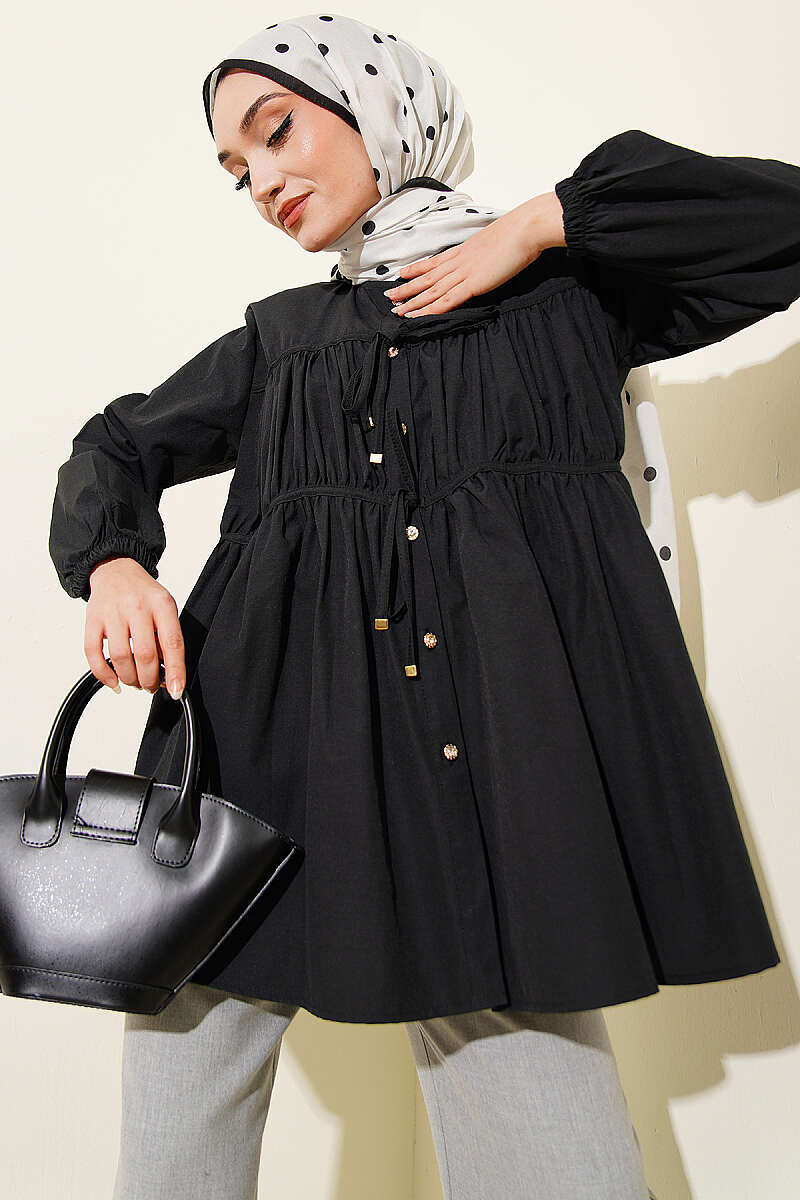 Tie Shirt with Stone Buttons - Black