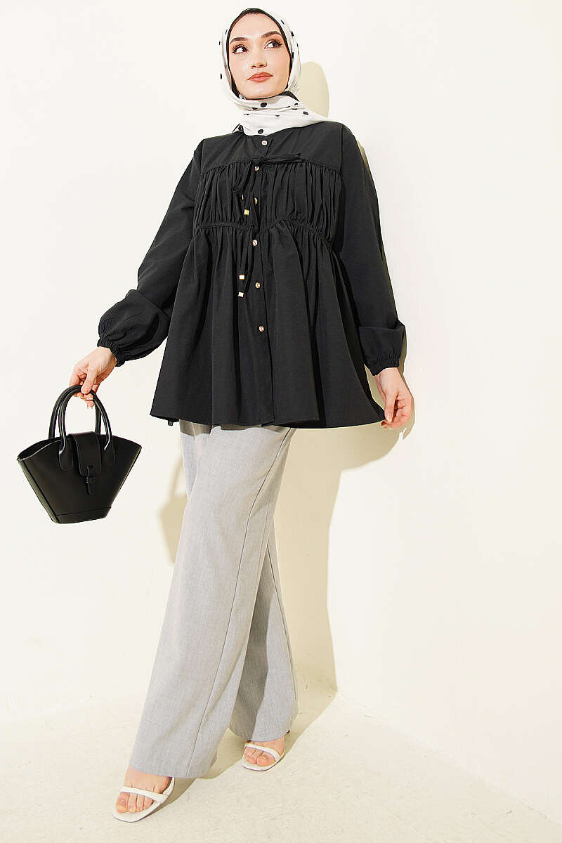 Tie Shirt with Stone Buttons - Black