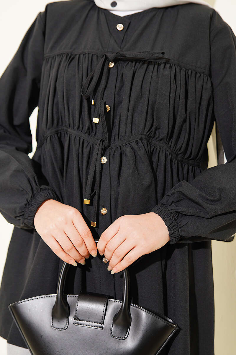 Tie Shirt with Stone Buttons - Black