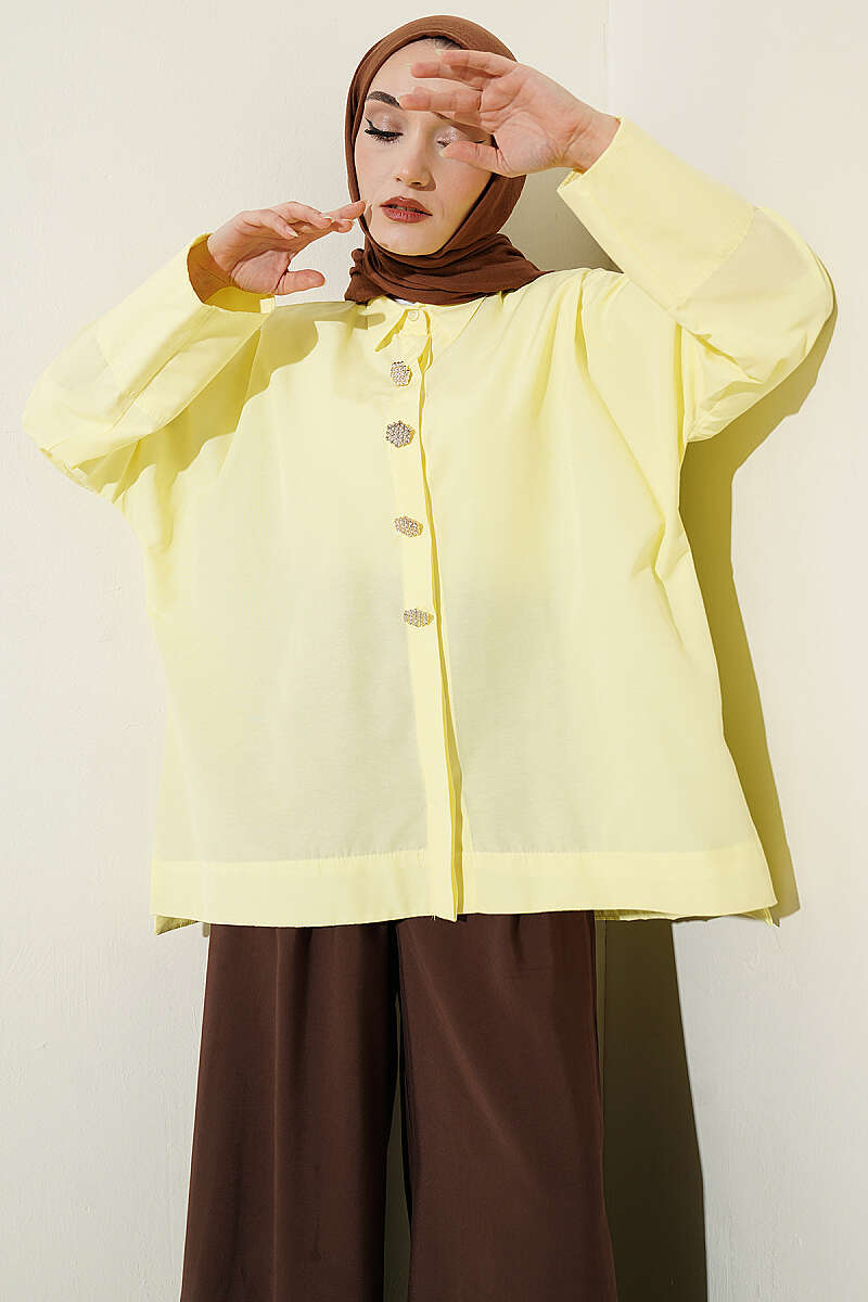Oversized Shirt with Stone Buttons - Yellow